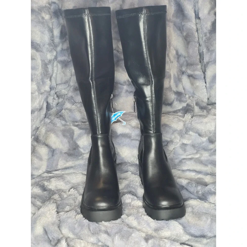 NWT Aqua College Ria Black Waterproof Leather Knee‎ High Platform Boots 9.5M